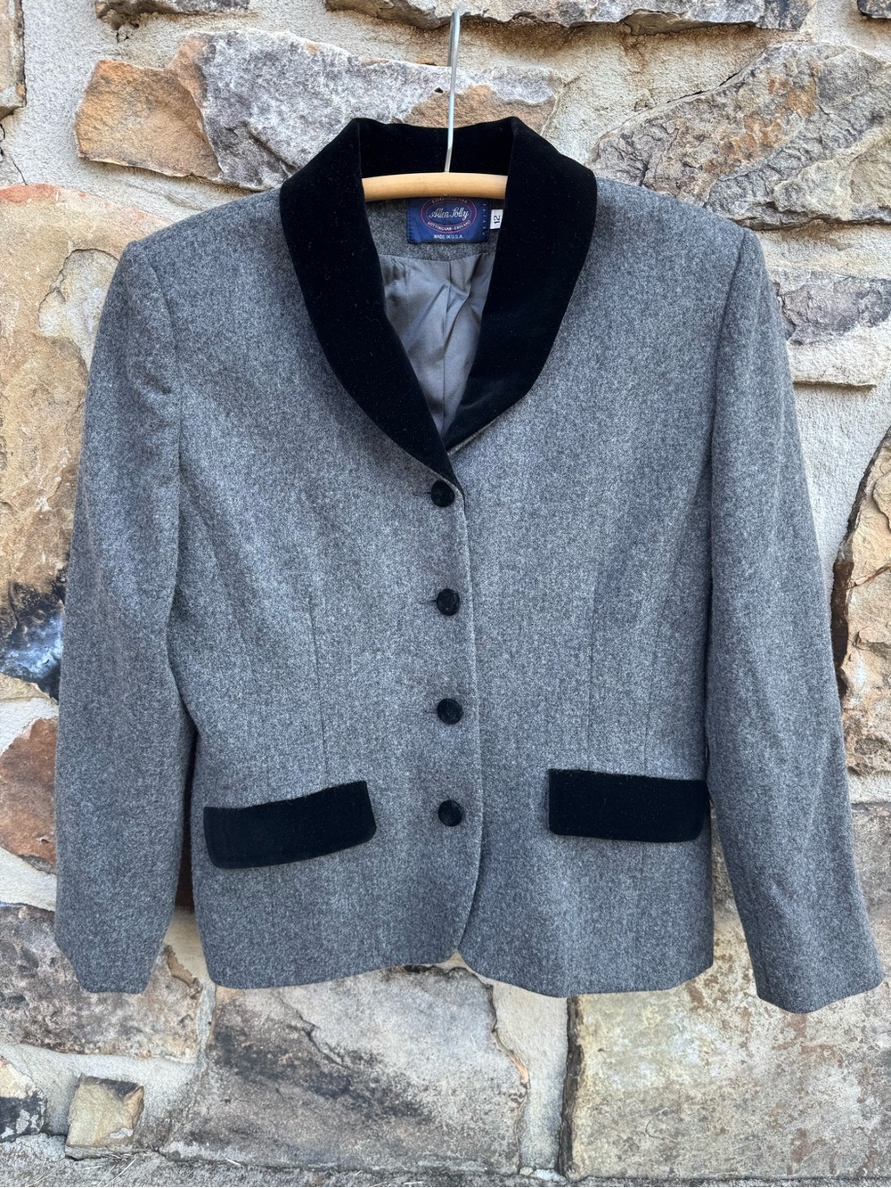 Vintage Allen Jolly Wool Blazer 12P Petite Gray Velvet Collar 80s 90s Academia